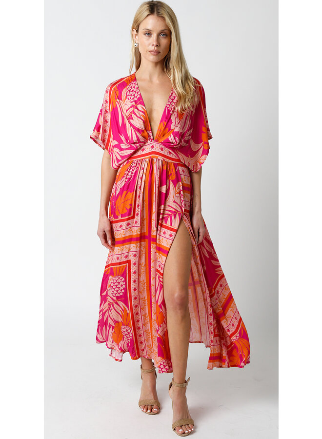 Pink Pineapple Print V Neck Midi Dress w/ Side Slits by Olivaceous - Pink & Orange