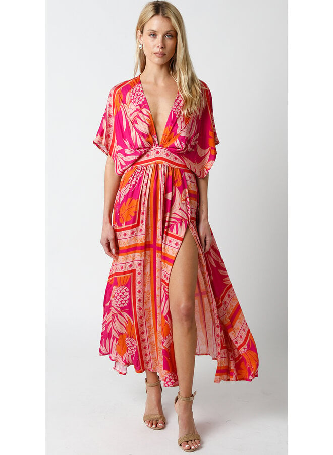 Pink Pineapple Print V Neck Midi Dress w/ Side Slits by Olivaceous - Pink & Orange