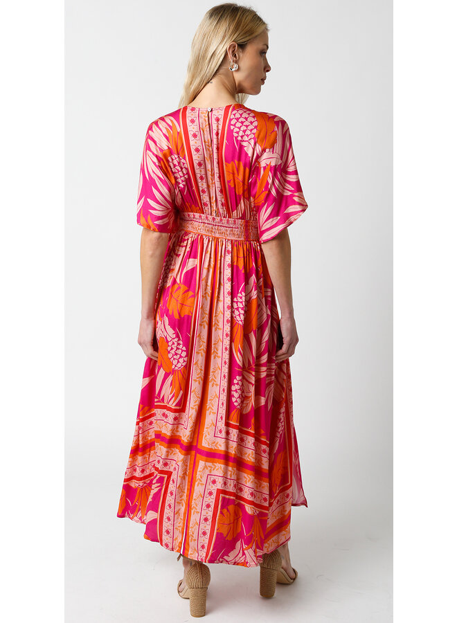 Pink Pineapple Print V Neck Midi Dress w/ Side Slits by Olivaceous - Pink & Orange