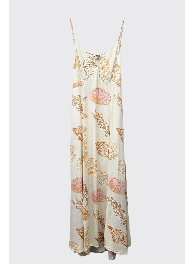 Seashell Print Maxi Dress w/ Tie Back - Orange / Cream