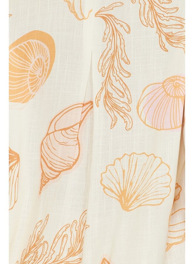 Seashell Print Maxi Dress w/ Tie Back - Orange / Cream