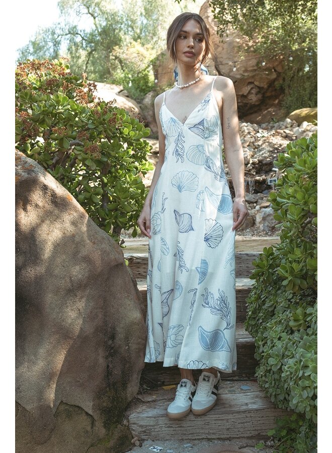 Seashell Print Maxi Dress w/ Tie Back - Blue / Ivory