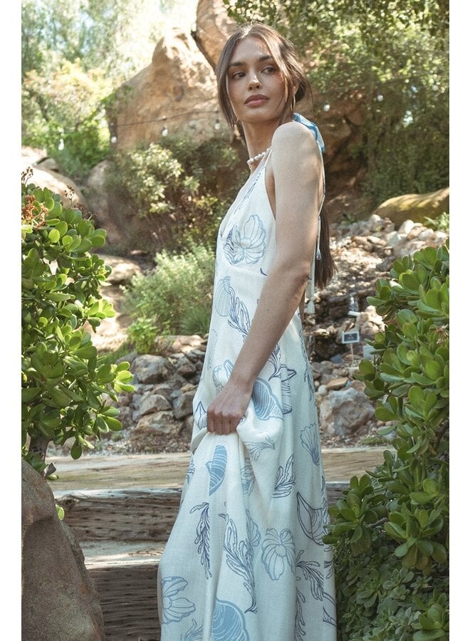 Seashell Print Maxi Dress w/ Tie Back - Blue / Ivory