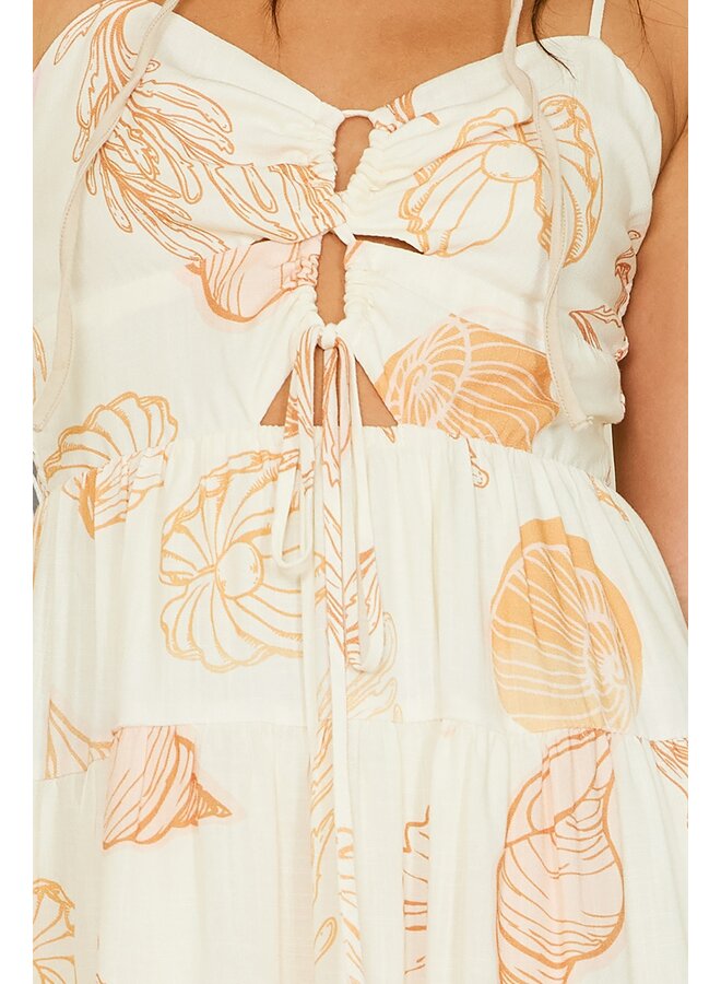 Seashell Print Mini Dress w/ Tie Front Detail - Orange / Cream