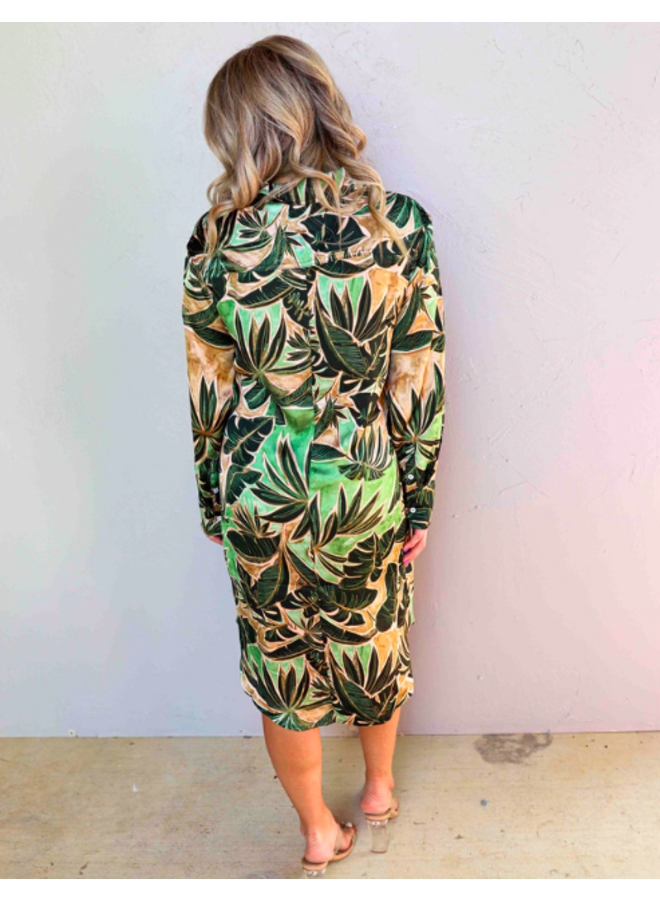 Tropical Plant Print Long Sleeve Satin Shirt Dress w/ Tie Side - Dark Green Tropical Print