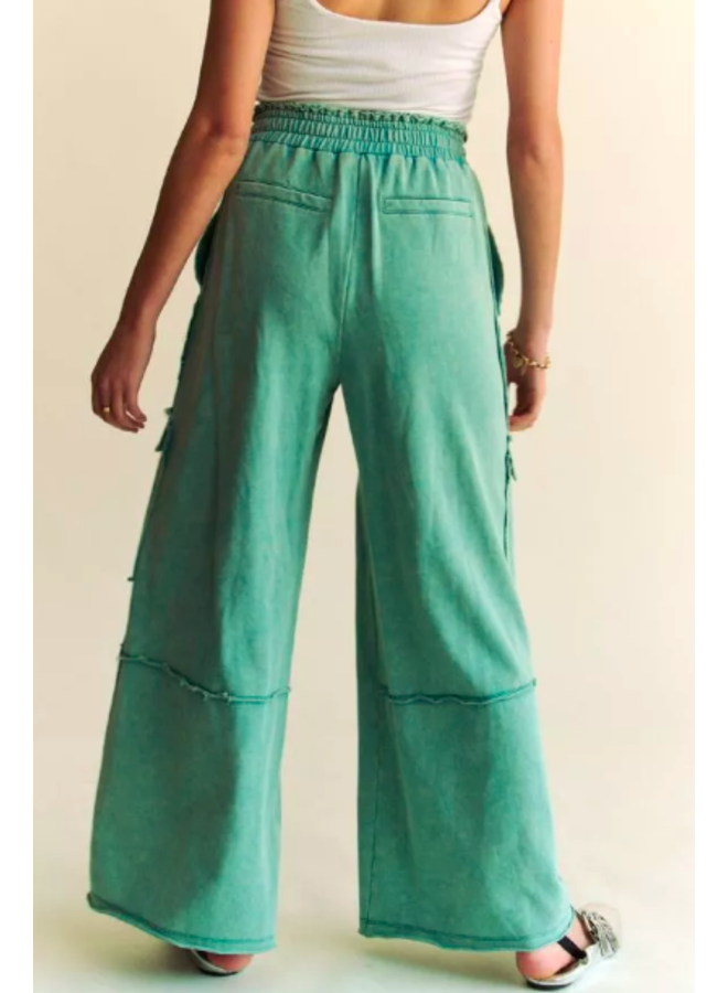 Mineral Wash Wide Leg  Cargo Sweatpants -  Light Teal