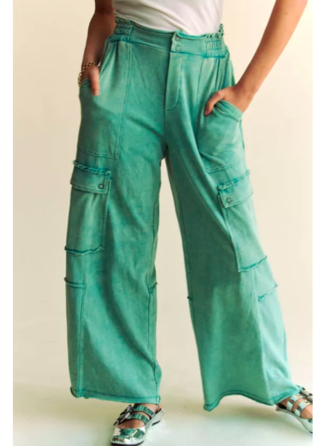 Mineral Wash Wide Leg  Cargo Sweatpants -  Light Teal