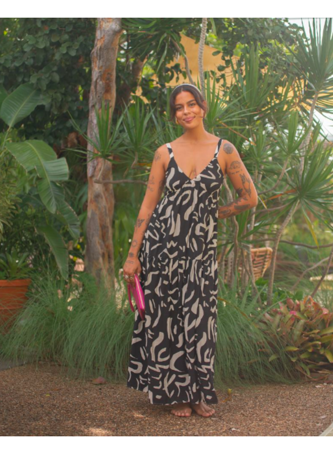 Abstract Print Sleeveless Maxi Dress by KLD - Black & Cream