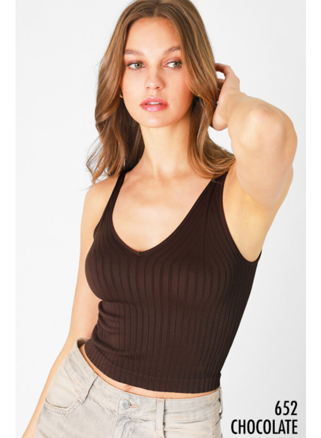 Wide Ribbed Full Length V Neck Tank Top by NikiBiki - Chocolate Brown