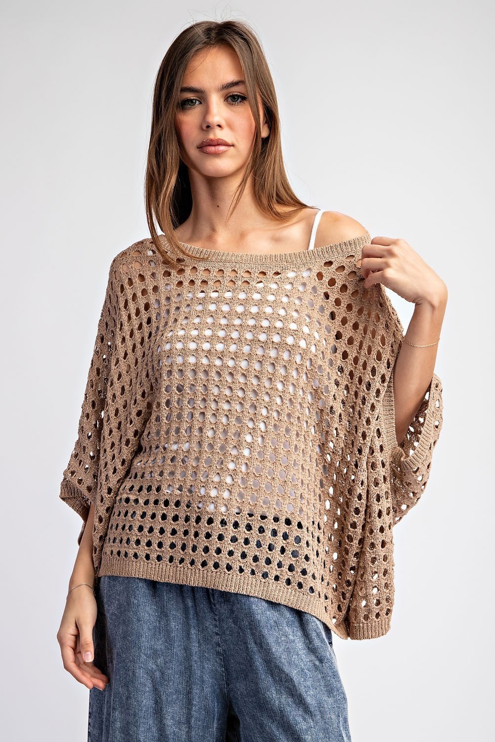 Open Knit Loose Sweater Top by Eesome Granola Tan Miss Monroe Boutique
