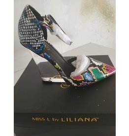 LILIANA MULTI-SNAKESKIN POINTED TOE ANKLE WRAP STRAP LUCITE HEEL