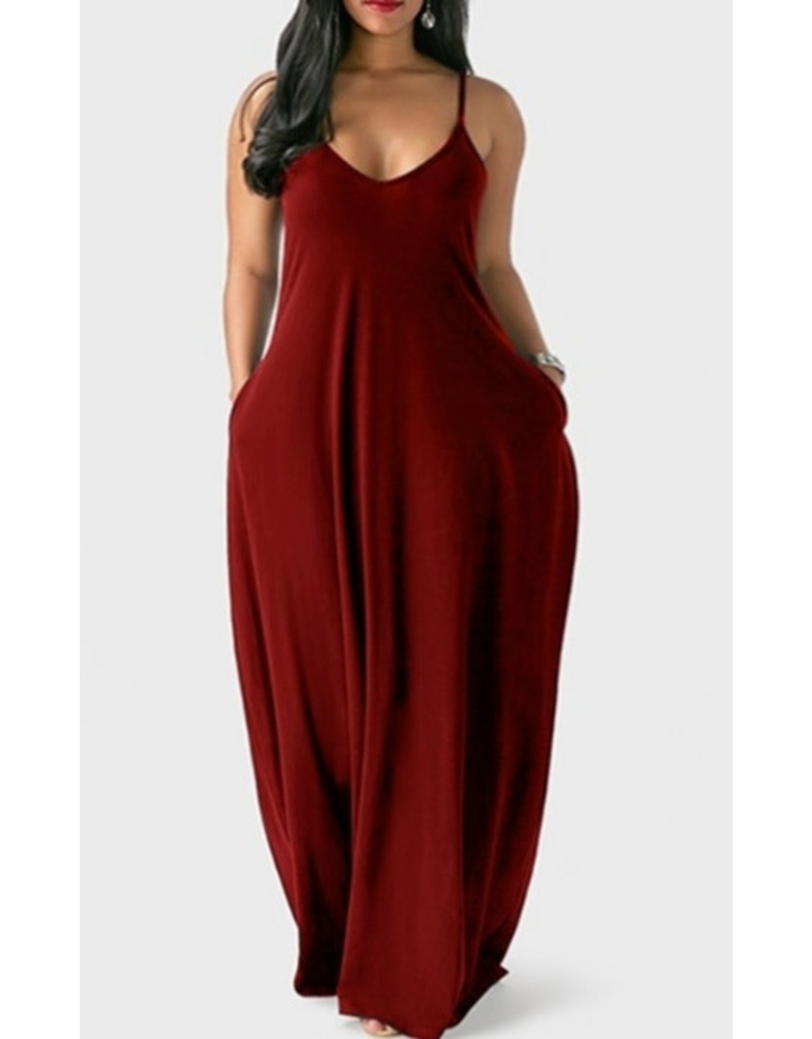 BELL'S BOUTIQUE Leisure Pocket Patched Red Maxi Plus Size Dress