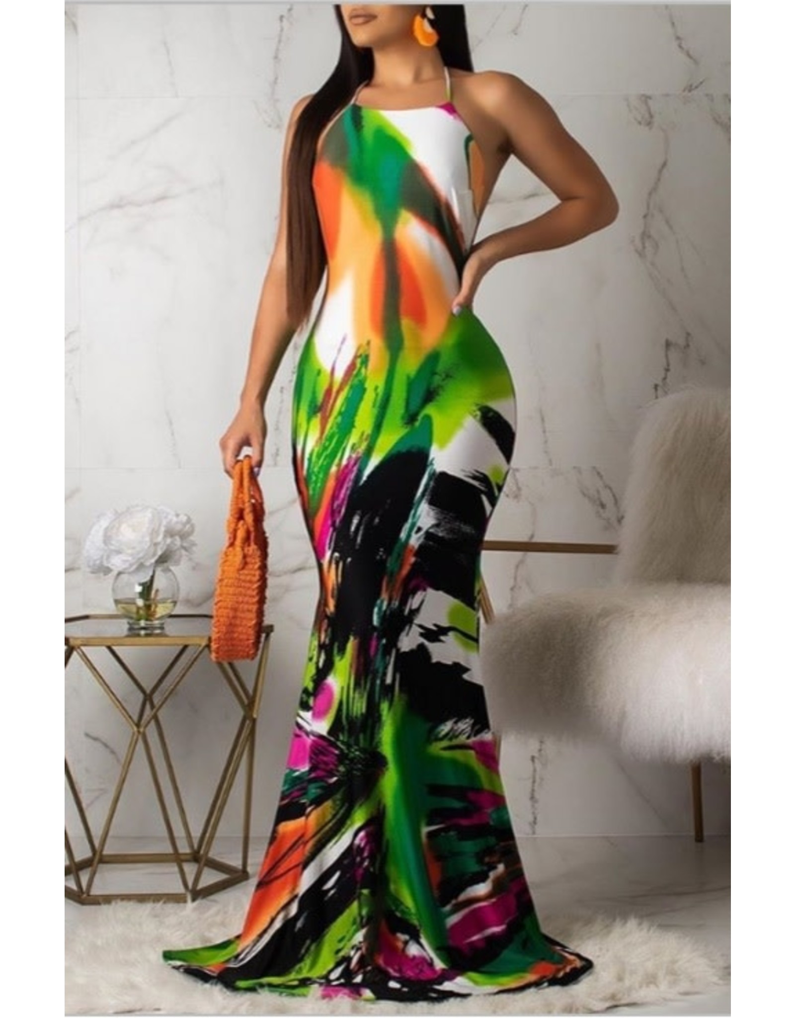 BELL'S BOUTIQUE Bohemian Halter Neck Printed Multicolor Printed FloorLegnth Dress L     Legnth Dress
