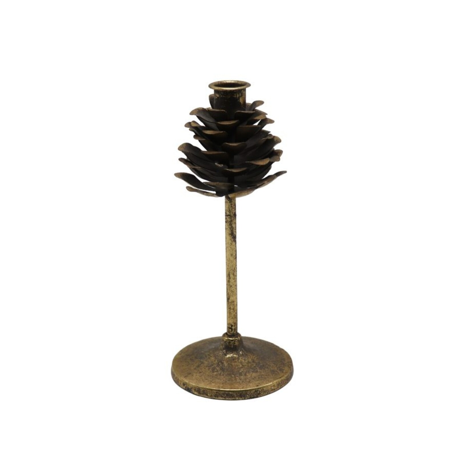 HOLLAND Metal Candle Holder 4x9'' - Pinecone/Single Taper Antique Gold