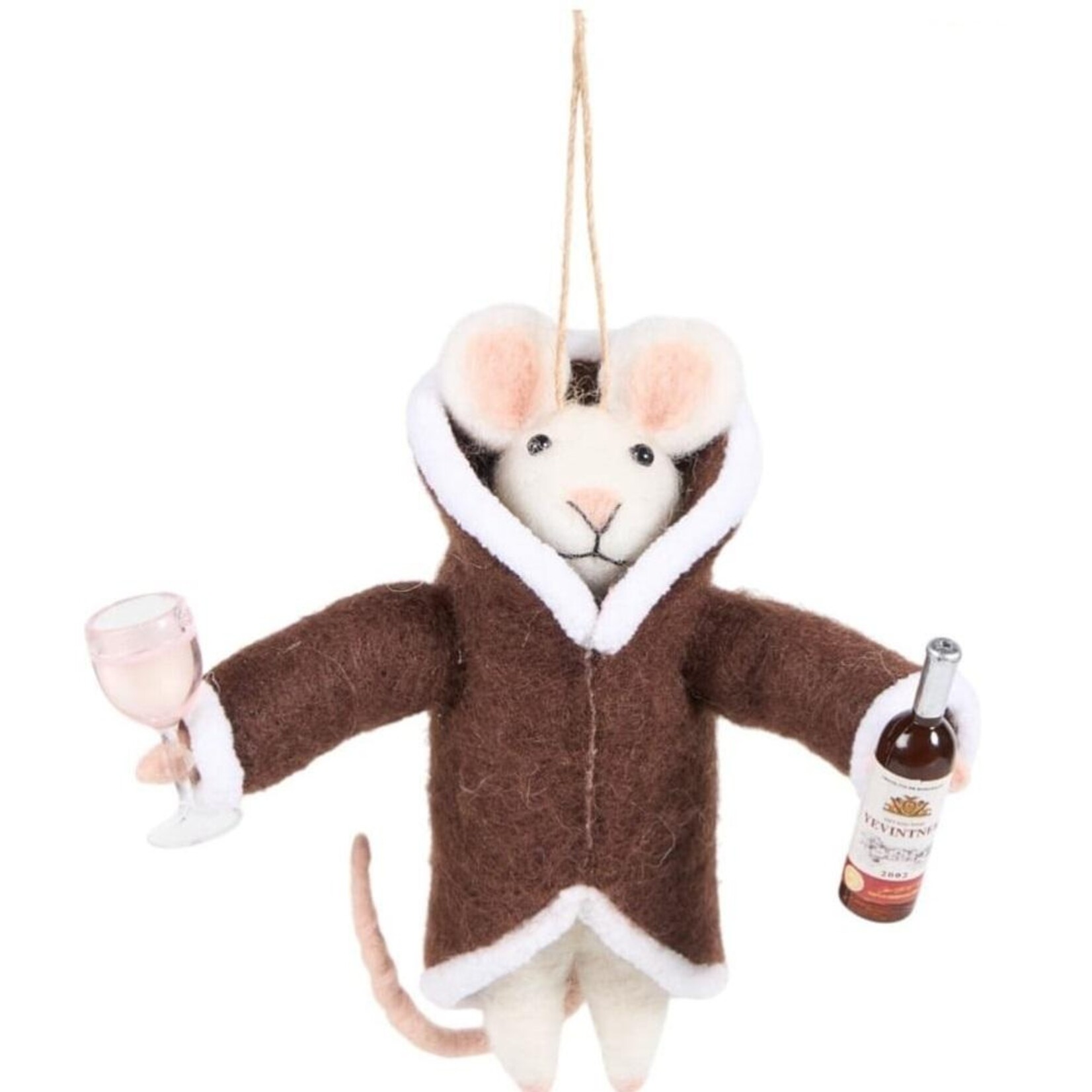 HOLLAND Ornament - Wool Mouse in Overalls w/ Wine Glass