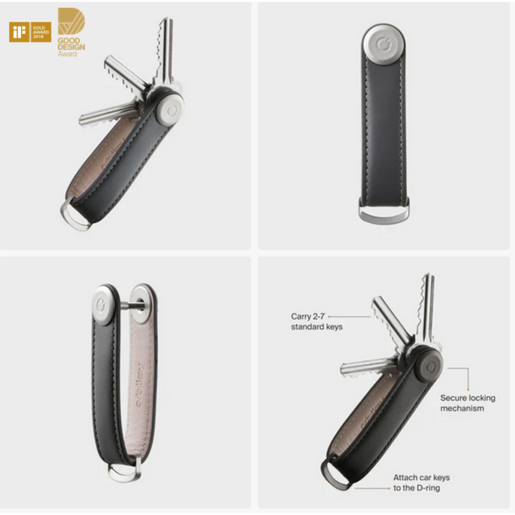 ORBITKEY ORBITKEY Key Organiser Leather - Charcoal w/ Grey Stitching