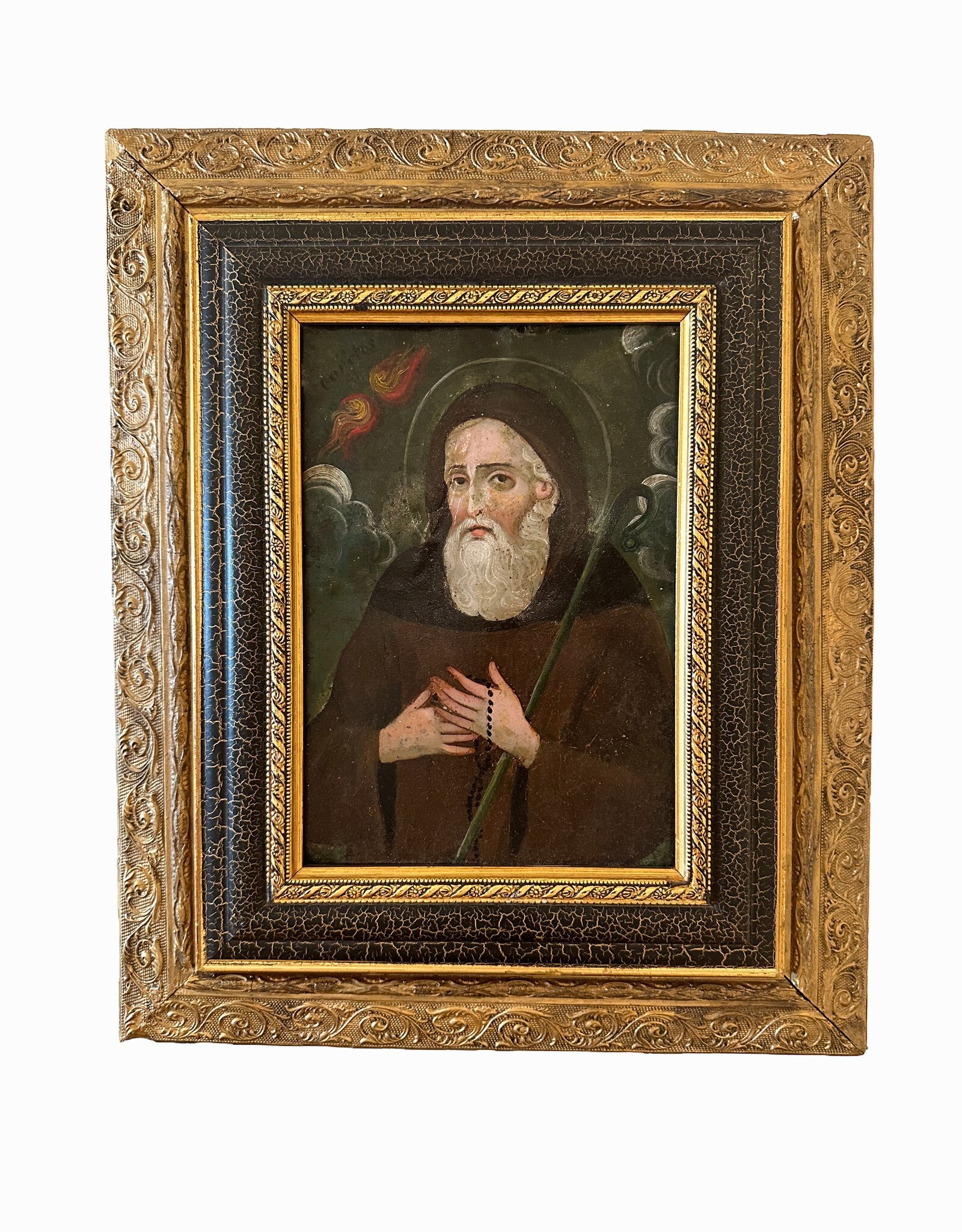 19th C Saint Francis Retablo, Oil on Tin, Spain