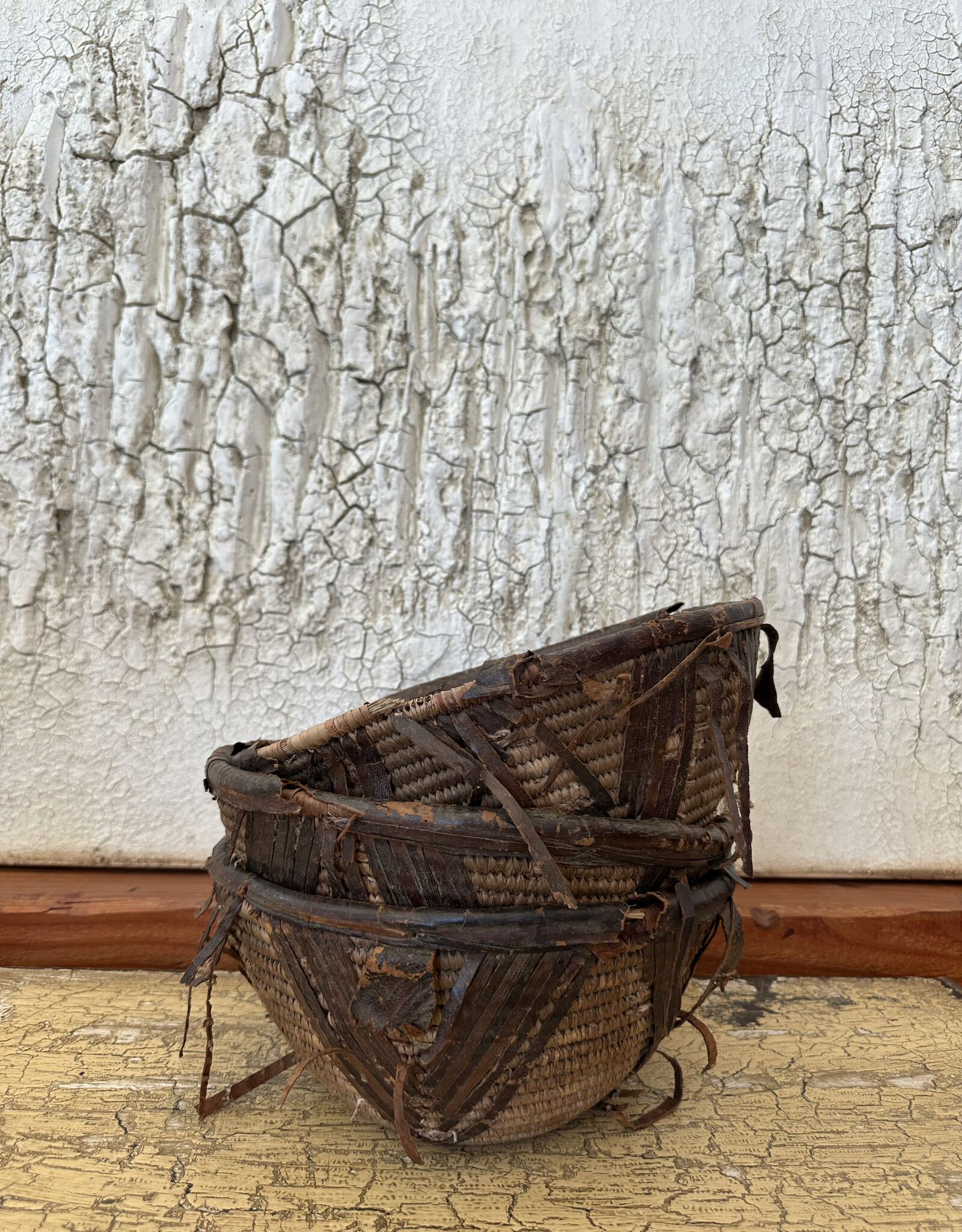 Vintage Leather Trim Basket, Africa