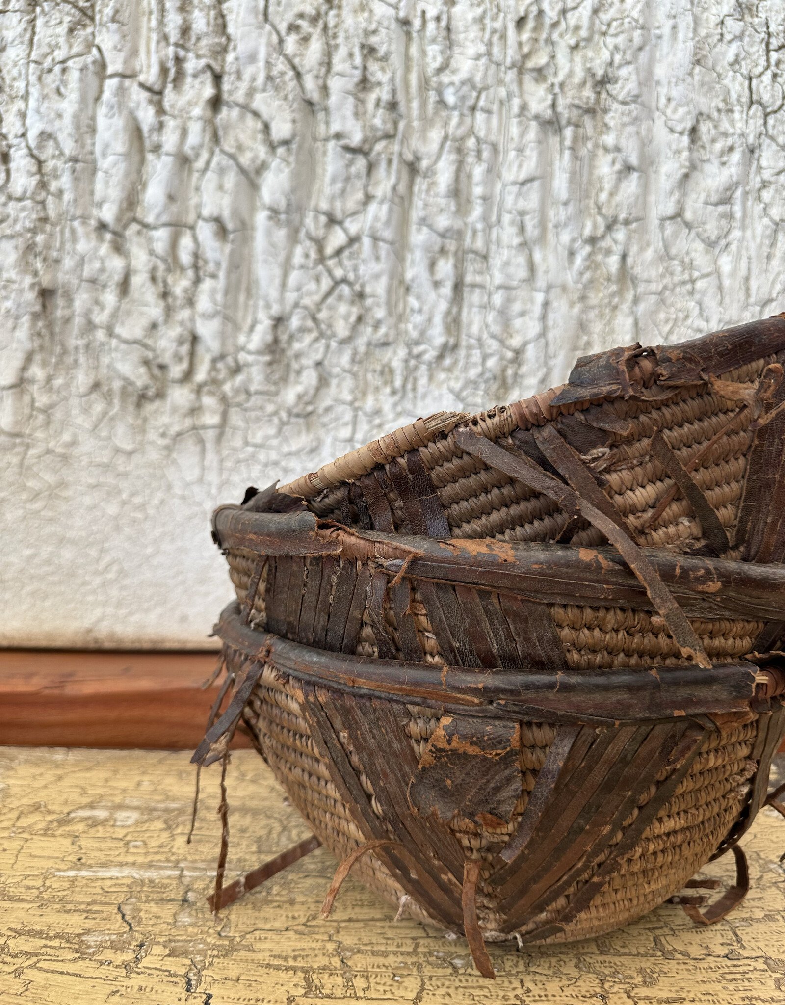 Vintage Leather Trim Basket, Africa
