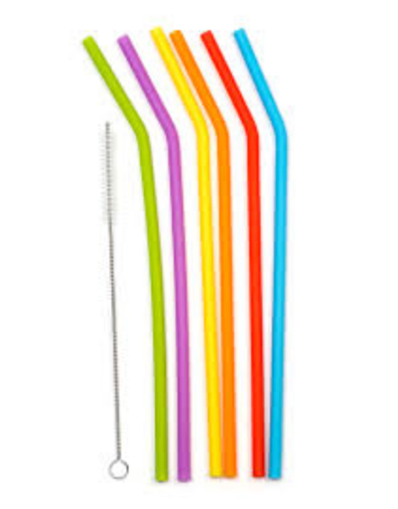 RSVP All Silicone Reusable Drink Straws, Set of 6 with Cleaner