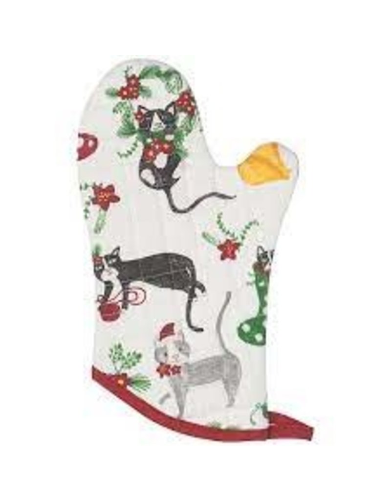 Now Designs Holiday Mitt Glove, Meowy Cat Christmas, white, red trim