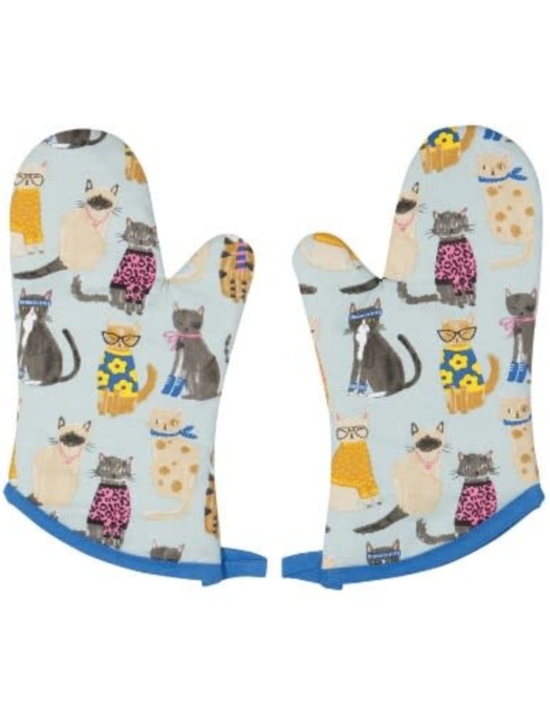 Now Designs Mitts Gloves, Feline Fine Cats, Set of 2, pale blue