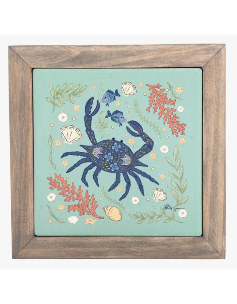 Beachcombers Blue Crab Trivet, ceramic with wood trim