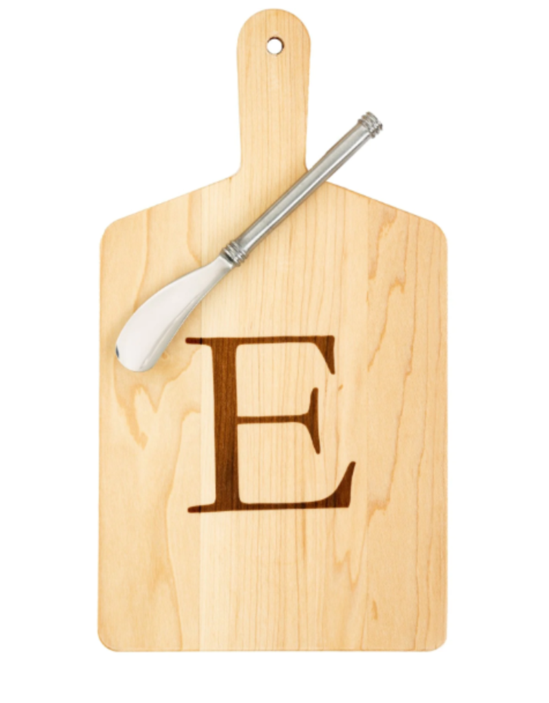 JK Adams Monogrammed Maple Cheese Board Gift Set with Spreader - ''E'' disc