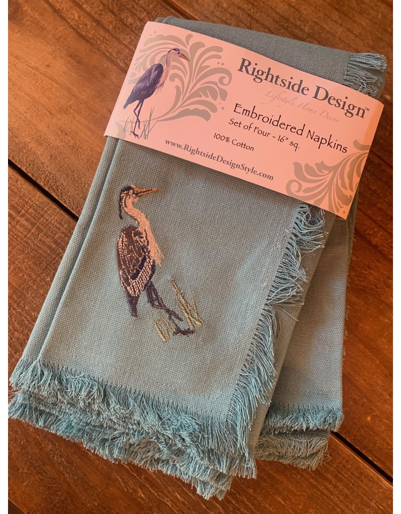 Embroidered HERON Cotton Napkins, Set of 4, BLUE