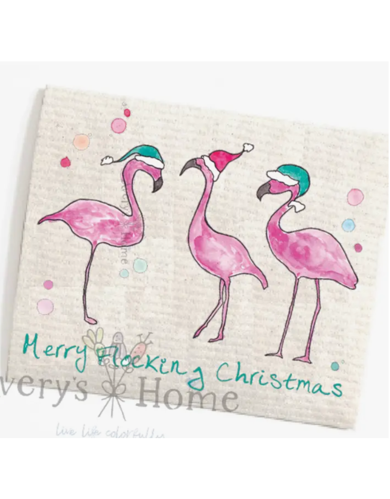 Holiday Swedish Dish Cloth, Flamingo Merry Flocking  Xmas