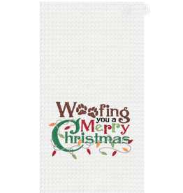 C and F Home Holiday Dish Towel, Dog WOOFing Merry Xmas, waffle weave