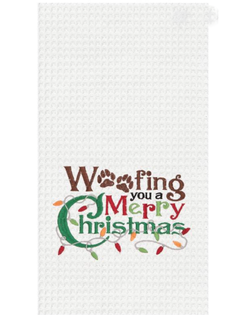 C and F Home Holiday Dish Towel, Dog WOOFing Merry Xmas, waffle weave