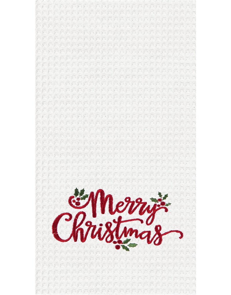 C and F Home Holiday Dish Towel, Merry Xmas Holly Leaves, waffle weave