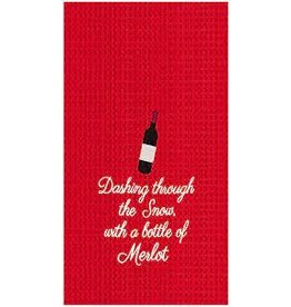 C and F Home Holiday Dish Towel, Bottle Of Merlot, RED waffle weave