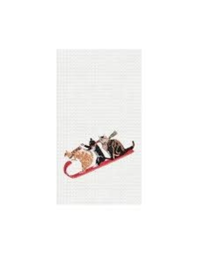 C and F Home Holiday Dish Towel, Cat Tobogganing, waffle weave