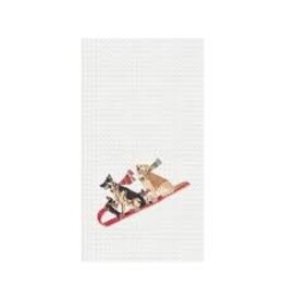 C and F Home Holiday Dish Towel, Dog Tobogganing, waffle weave