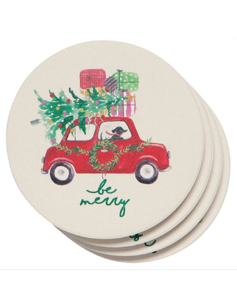 Now Designs Holiday Soak-Up Coasters, Winter Wheels Dogs, Set of 4