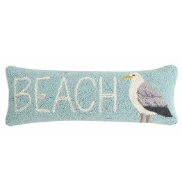 "Beach" Seagull Hooked Pillow, 8x24