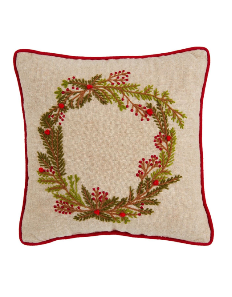 Mudpie Holiday Mini Pillow, Embroidered Wreath