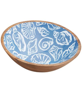 Now Designs Mango Wooden Bowl, Enamel Interior, blue shells, 12"