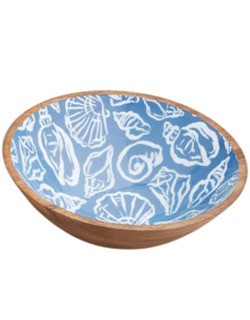 Now Designs Mango Wooden Bowl, Enamel Interior, blue shells, 12"