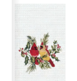 C and F Home Holiday Dish Towel, 2 Cardinals + Berries, waffle weave