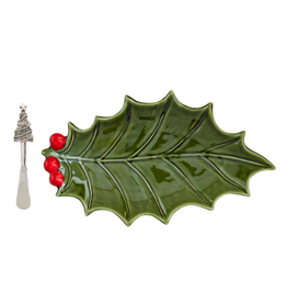 Mudpie Holiday HOLLY SHAPE Platter with Spreader, 12x6"