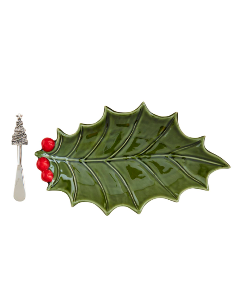 Mudpie Holiday HOLLY SHAPE Platter with Spreader, 12x6"