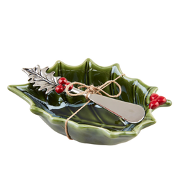 Mudpie Holiday HOLLY SHAPE Bowl with Spreader