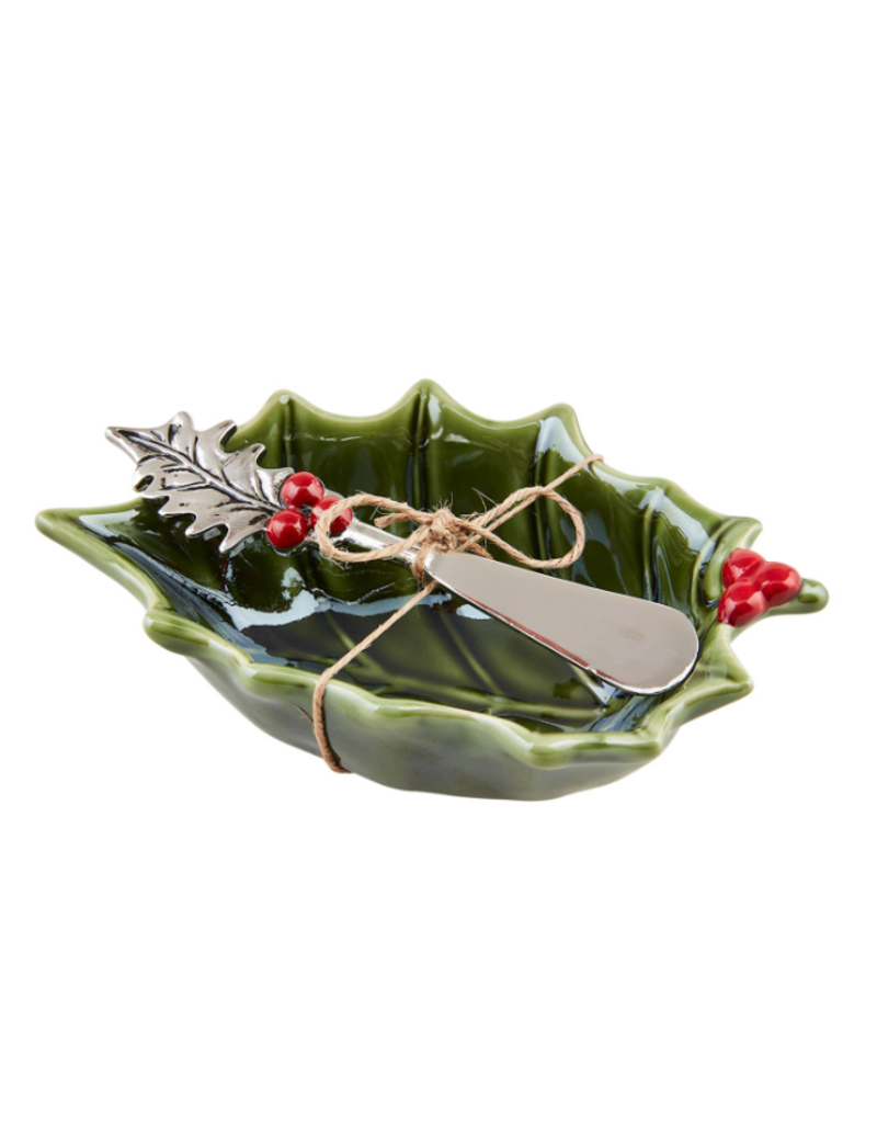 Mudpie Holiday HOLLY SHAPE Bowl with Spreader