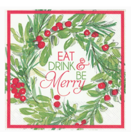 Boston International Holiday Cocktail Napkins, Eat Drink Merry Wreath, 20x