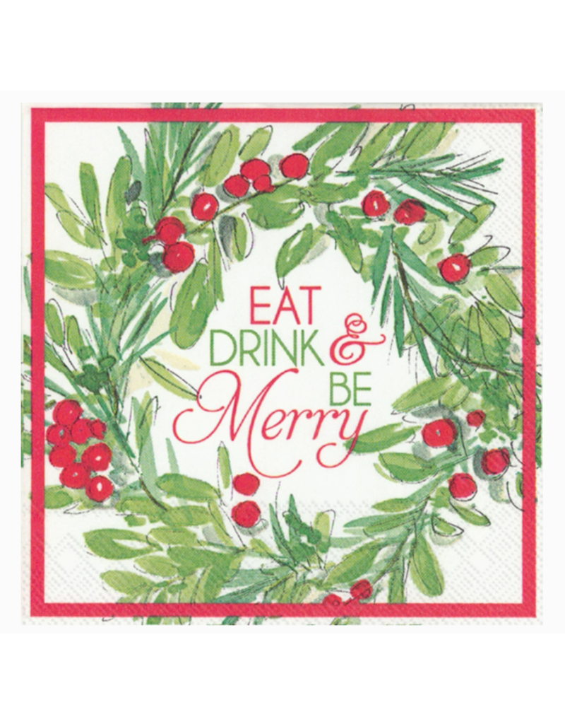 Boston International Holiday Cocktail Napkins, Eat Drink Merry Wreath, 20x