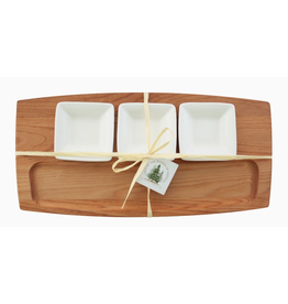 Out of the Woods of Oregon 16x8 Wooden Tasting Board, 3 White Ceramic Bowls