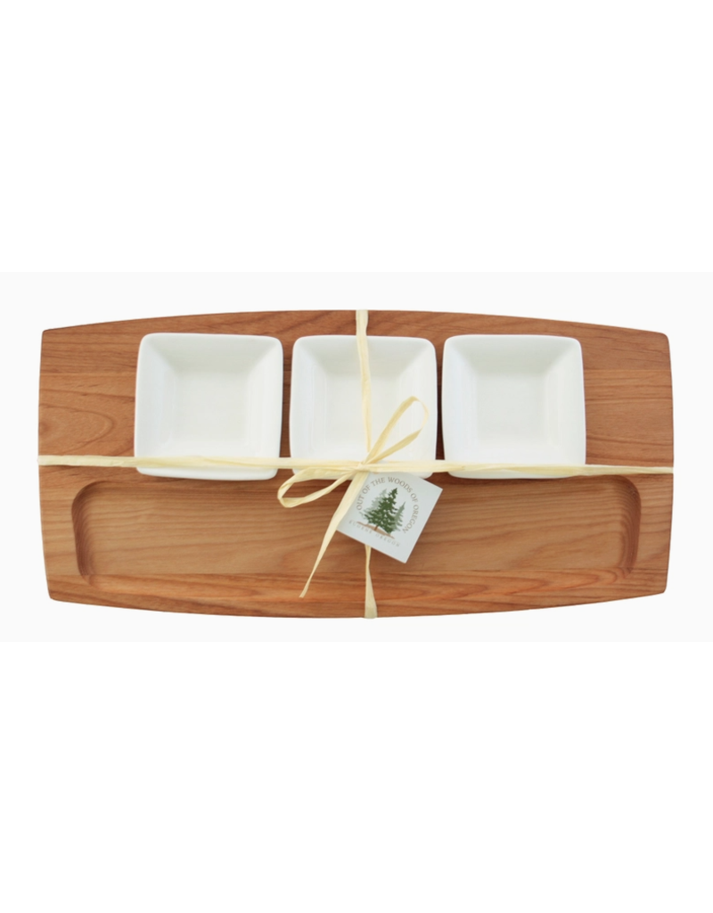 Out of the Woods of Oregon 16x8 Wooden Tasting Board, 3 White Ceramic Bowls